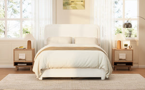 English Elm Boucle Cloud Upholstered Full Platform Bed with Adjustable Curved Headboard in White N733P439489K