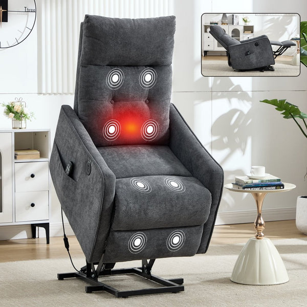 English Elm Beige Chenille Power Lift Recliner with Massage Heat and Usb for Senior Comfort Grey W1803P369077