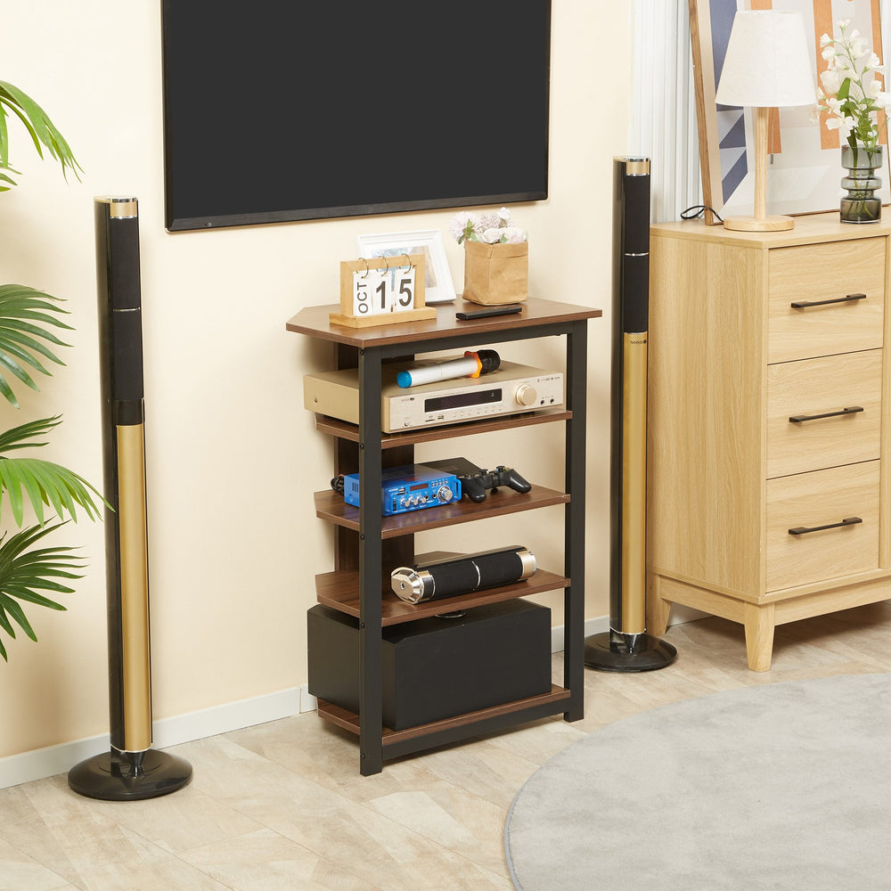 English Elm HOMCOM Corner TV Stand with 4-Tier Shelves, Steel Frame Media Console, Cable Management, Brown W2225P217441