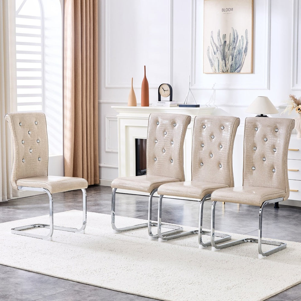 English Elm Set of 2 Glam Faux Alligator Pvc Dining Chairs with Crystal Buckle Bow Legs Beige W3875P371037