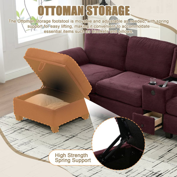 English Elm United L-Shaped Multifunctional Corduroy Sofa: 4-Seater With Usb Ports, Cup Holders & Storage Solutions W1568S00220-GIGA