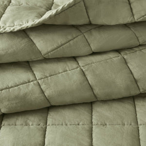 English Elm 3-piece French Linen Quilt Set King Garment Washed Box Stitch Breathable Bedding Olive Green B035P408302