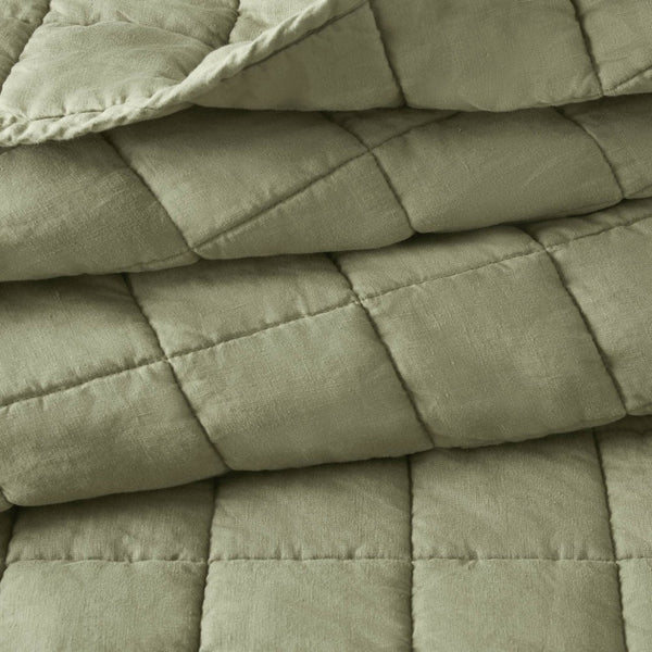 English Elm 3-piece French Linen Quilt Set King Garment Washed Box Stitch Breathable Bedding Olive Green B035P408302