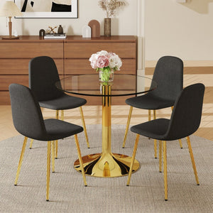 English Elm Table And Chair Set - 35" Round Transparent Tempered Glass Top With Gold Metal Base & 4 Black Chairs W1151S03700-GIGA