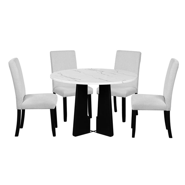 English Elm 5-Piece Round Dining Set with 43" Modern MDF Table and 4 Upholstered Fabric Chairs for Compact Spaces Beige+White N752S001055K