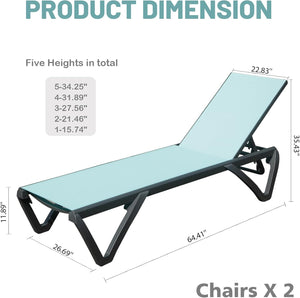 English Elm Outdoor Lake Blue 2-Piece Lounge Chair Set with Aluminum Frame, 5-Position Recline, Wheels, UV-Proof W1859P225539