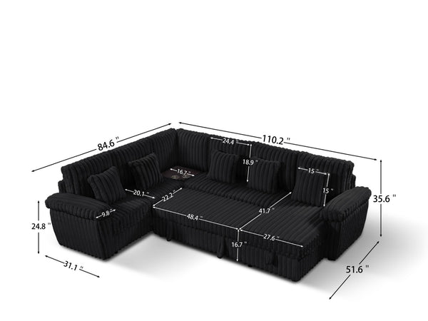 English Elm 110-inch U-shaped Corduroy Sectional with Sleeper Storage and Built-in Coffee Table W2564S00054