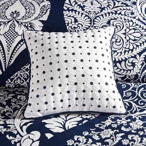 English Elm 7 Piece Cotton Printed Comforter Set - Elegant Indigo Damask Design For Luxurious Bedroom Style B03596962