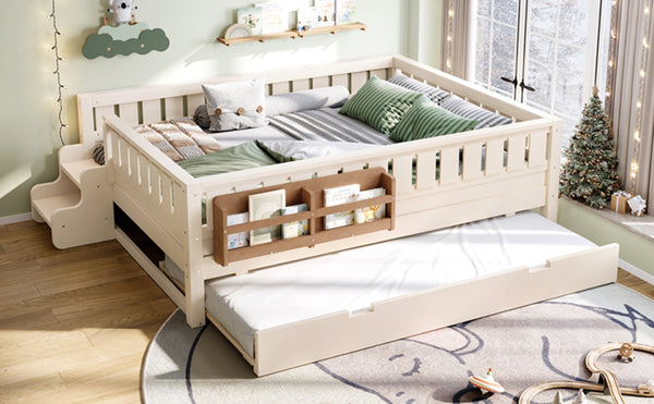 English Elm Twin Kids Platform Bed with Trundle Staircase Bookshelf and Rounded Safety Rails Beige W1580S00559
