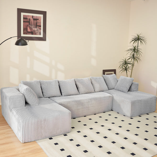 English Elm Modular U-Shaped Sectional Sofa - 4-Seater Chaise Lounge In Gray Corduroy, Customizable Comfort & Style W3276S00007