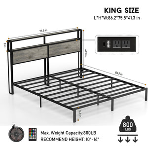 English Elm Queen Metal Platform Bed with Rgb Led Headboard Shelving and Built-in Charging Ports T3963P447323
