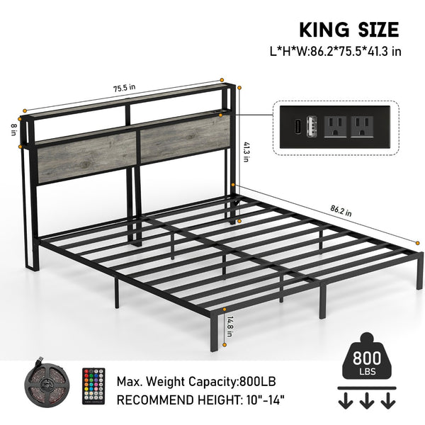 English Elm Queen Metal Platform Bed with Rgb Led Headboard Shelving and Built-in Charging Ports T3963P447323