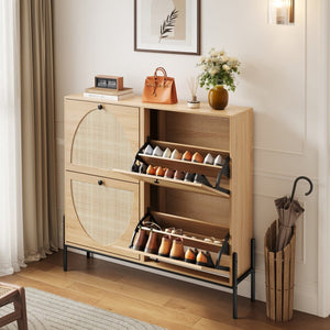 English Elm Space-saving Rattan Shoe Cabinet Artisan Woven Entryway Storage with Four Flip Doors W5221P454781