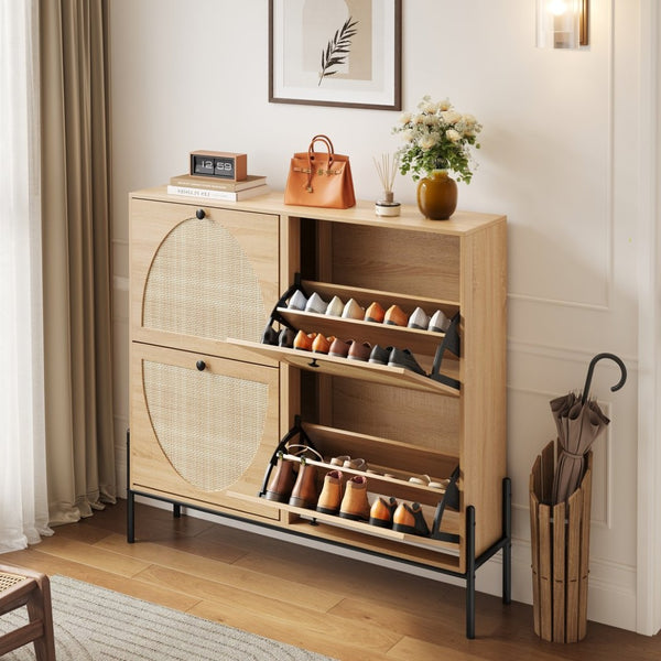 English Elm Space-saving Rattan Shoe Cabinet Artisan Woven Entryway Storage with Four Flip Doors W5221P454781