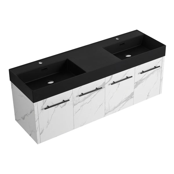 English Elm 60 Inch Wall-Mounted Bathroom Vanity With Double Black Resin Sink – Modern, Durable & Stylish Design W999S00255