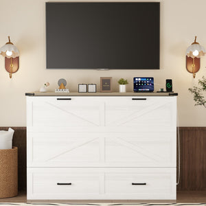 English Elm Queen Farmhouse Murphy Cabinet Bed with Charging Station and Storage Drawer White N733S361778W