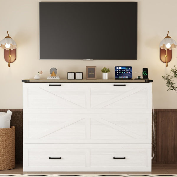 English Elm Queen Farmhouse Murphy Cabinet Bed with Charging Station and Storage Drawer White N733S361778W