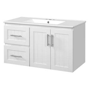 English Elm 36'' Wall Mounted Bathroom Vanity with Ceramic Sink, Solid Wood & MDF Floating Cabinet with Drawers White N710P293299K