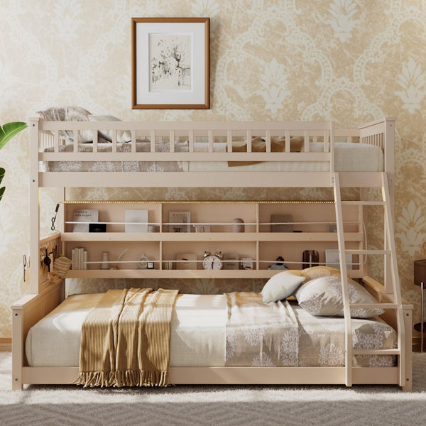 English Elm Twin Xl Over Queen Bunk Bed with Led Lighting Shelving and Pegboard Pinewood Frame Beige LT000280AAA
