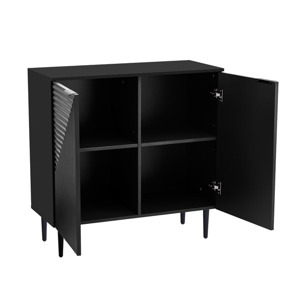 English Elm Mirod Lacquered Side Cabinet Geometric Door Panels Metal Legs Adjustable Interior Shelves Black N760P221050B