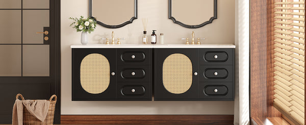 English Elm 30" Mid-Century Bathroom Vanity with Ceramic Sink, Rattan Accent, 2 Soft-Close Drawers, Large Storage Space N710P265954B