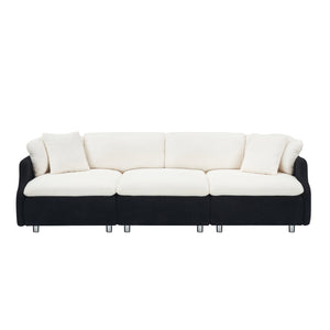 English Elm 95.3 Black and White Tandy 3-Seat Teddy Sofa with Metal White Legs, Solid Wood Frame, Plush Sponge Cushions and Two Throw Pillows for Modern Living Room Comfort and Style W1278S00073