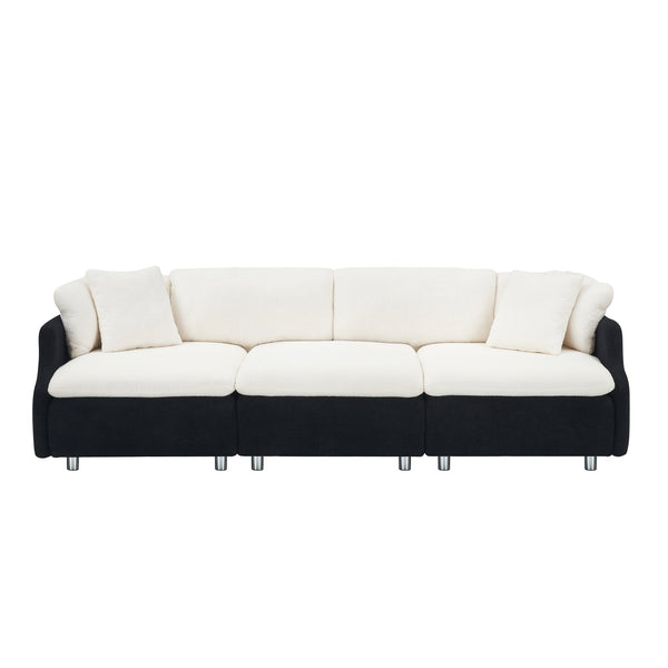 English Elm 95.3 Black and White Tandy 3-Seat Teddy Sofa with Metal White Legs, Solid Wood Frame, Plush Sponge Cushions and Two Throw Pillows for Modern Living Room Comfort and Style W1278S00073