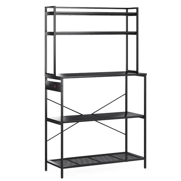 English Elm Large Five Tier Industrial Bakers Rack with Built in Outlets Microwave Stand Kitchen Organizer Black T3623P431203
