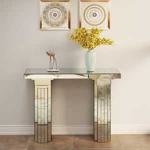 English Elm Mirrored Console Table 64" Wide Bling Silver Glass Entryway Desk Modern Multi-Tier Edge Design W3836P370299