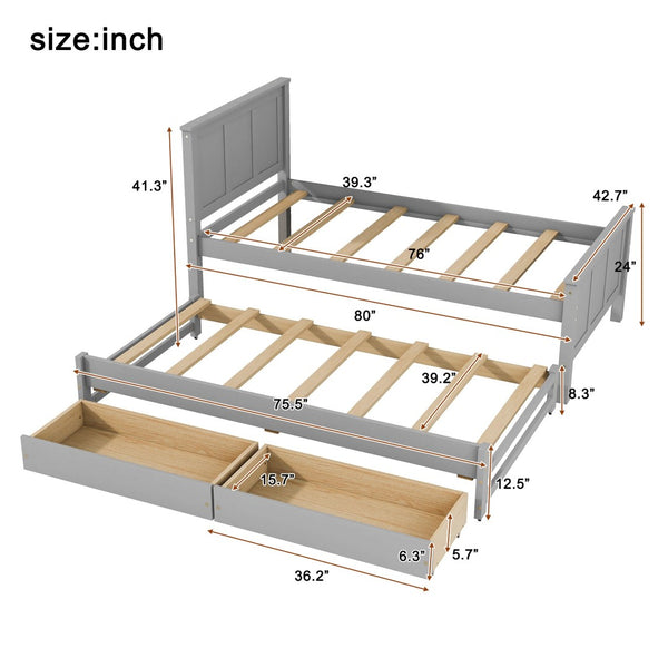 English Elm Twin Pine Platform Bed with Pull-out Trundle Storage Drawers for Kids or Guests Gray N7090008815E