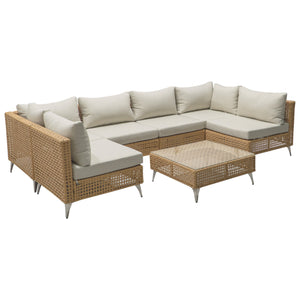 English Elm K&K 8-Piece Patio Conversation Set with 43" 60,000 BTU Propane Fire Pit, UV Wicker & Thick Cushions Beige,Orange N707S000012Z