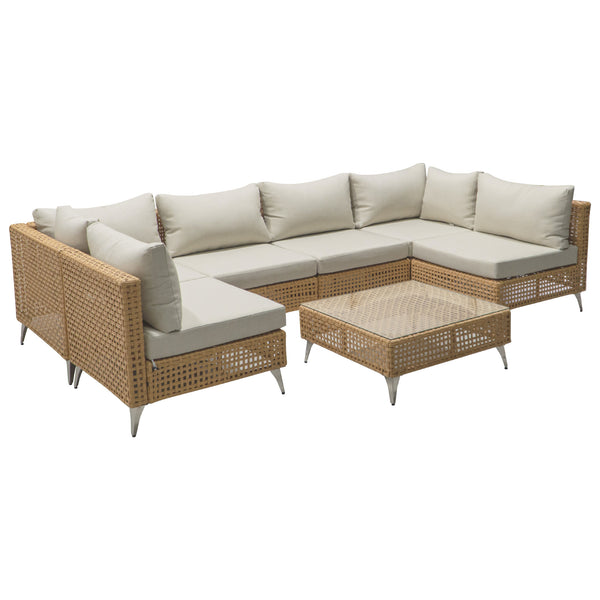 English Elm K&K 8-Piece Patio Conversation Set with 43" 60,000 BTU Propane Fire Pit, UV Wicker & Thick Cushions Beige,Orange N707S000012Z