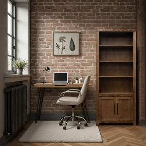 English Elm Haven 78" Bookcase Pier Cabinet — Oak Veneer, Curved Transitional Design with Shelves & Doors (No Assembly) Brown B108P364417