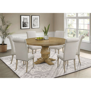 English Elm Rustic Honey Pine Pedestal Round Dining Set Seats Four with Nailhead Chair Trim B062S01830