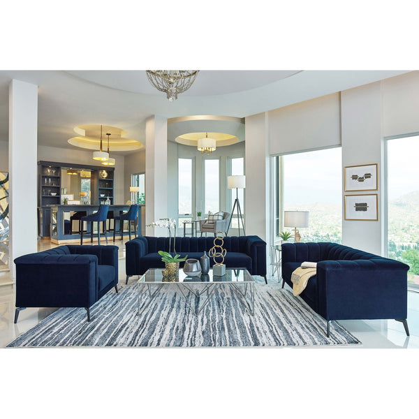 English Elm Darci Blue Velvet Tuxedo Sofa with Channel Tufting and Angled Black Metal Legs — Luxe Accent Seating B062P357812