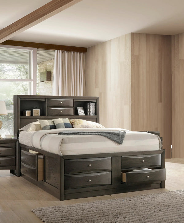 English Elm 1Pc Contemporary King Platform Bed With Storage & Shelves - Solid Wood In Stylish Grey Finish B011S01468