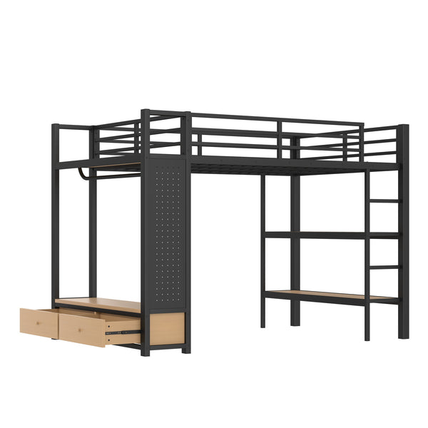 English Elm Full Size Loft Bed Frame With Integrated Wardrobe, Storage Shelves, And Pegboard For Smart Living W1580S00232