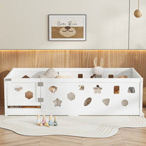 English Elm Twin Floor Bed with Safety Guardrails & Door in White — Solid Poplar Frame, Low Profile, Kids' Cozy Hideaway W1820P240540