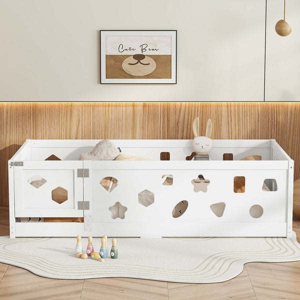 English Elm Twin Floor Bed with Safety Guardrails & Door in White — Solid Poplar Frame, Low Profile, Kids' Cozy Hideaway W1820P240540