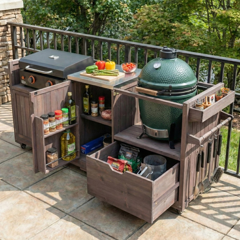 English Elm K&k 80.5 Inch Outdoor Kitchen Island Solid Fir Wood Stainless Steel Grill Cart Station Brown N707P392140Z