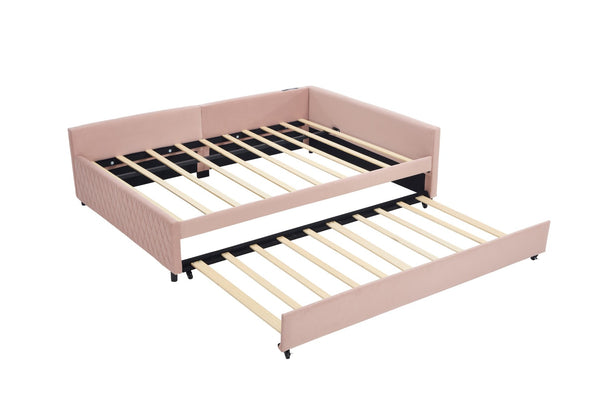 English Elm Upholstered Velvet Daybed with Pull Out Trundle Diamond Tufted Guest Bedroom Sofa Pink W1361S00066