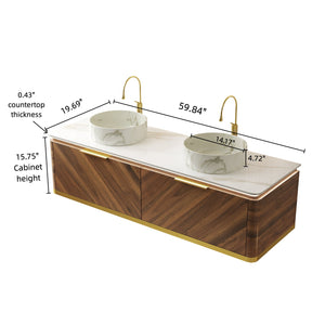 English Elm Dipa 60" Floating Bathroom Vanity Set With Dual Ceramic Sinks, Sintered Stone Top & Led Lighting W2615S00486