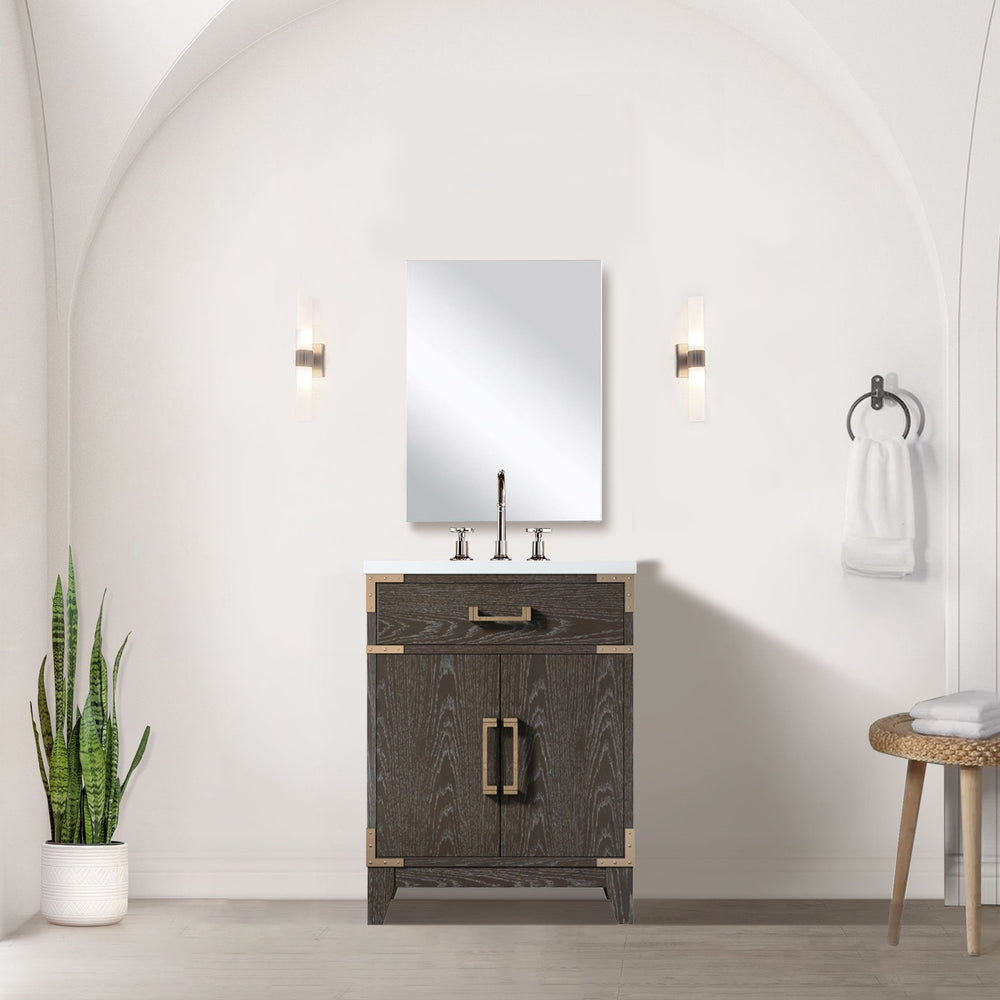 English Elm Brown Oak Single Bath Vanity - Compact 24" W Ready-To-Install Unit With Soft-Close Storage Cabinet B2731P259738