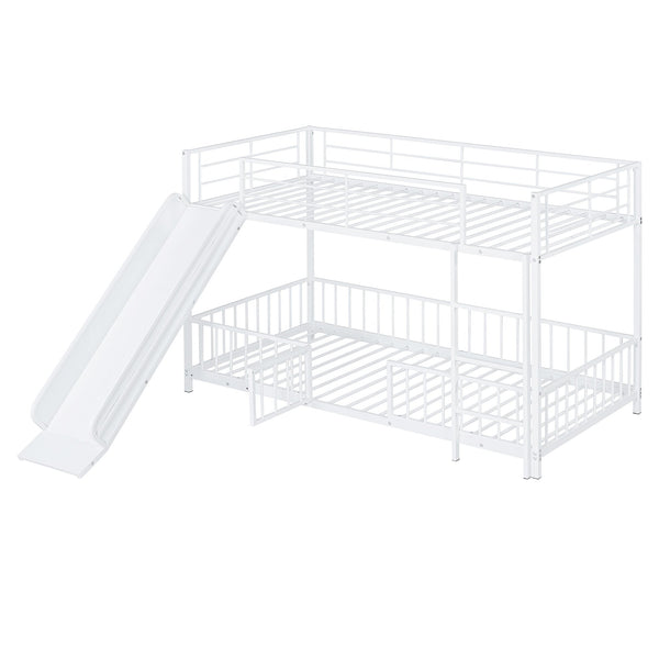 English Elm Twin Twin over Twin metal bunk bed with slide, guardrails and convertible loft design for safety and playfulness White SF000169AAK