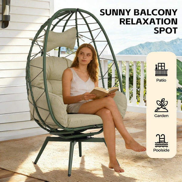 English Elm Oversized Swivel Wicker Egg Chair with Plush Cushions for Patio or Indoor Lounge T5880P501011
