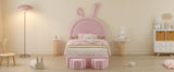 English Elm Twin Size Upholstered Rabbit-Shape Bed With 2 Storage Stools, Velvet Platform Bed With Cartoon Ears Shaped Headboard, Pink