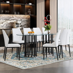English Elm Table Set Oval Tempered Glass 71 Inch Top with Eight Faux Suede Chairs Modern Dining Black,Transparent,White W1151S04758