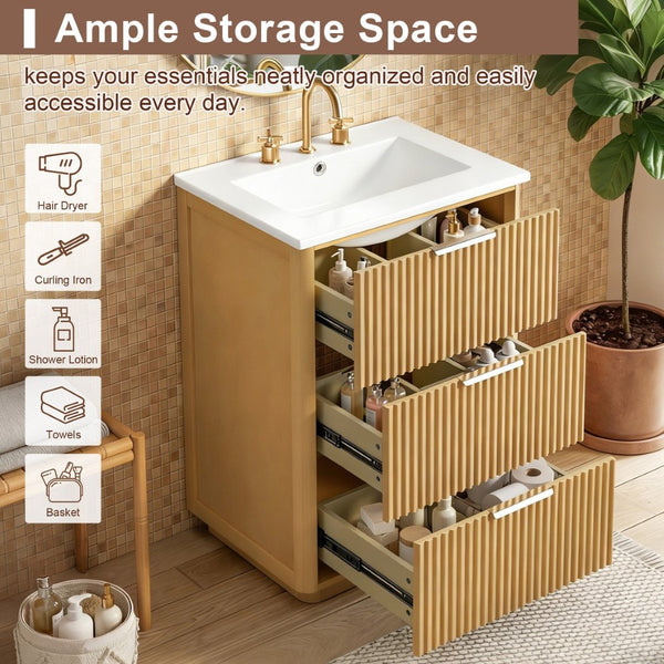 English Elm 24'' Vintage Bathroom Vanity with Ceramic Sink Soft Close Drawers Open Shelf N710P411251P
