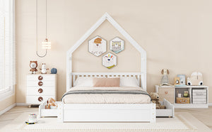 English Elm Wood Queen Size House Platform Bed with Guardrail and 2 Drawers — Charming Kids’ Playful Storage Bedframe White GX000726AAK