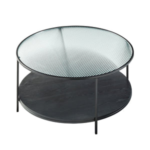 English Elm 2pc Zephyr Occasional Table Set with Fluted Glass Tops, Black Metal Frame & Wood Shelf, Modern Living Centerpiece B011P291534